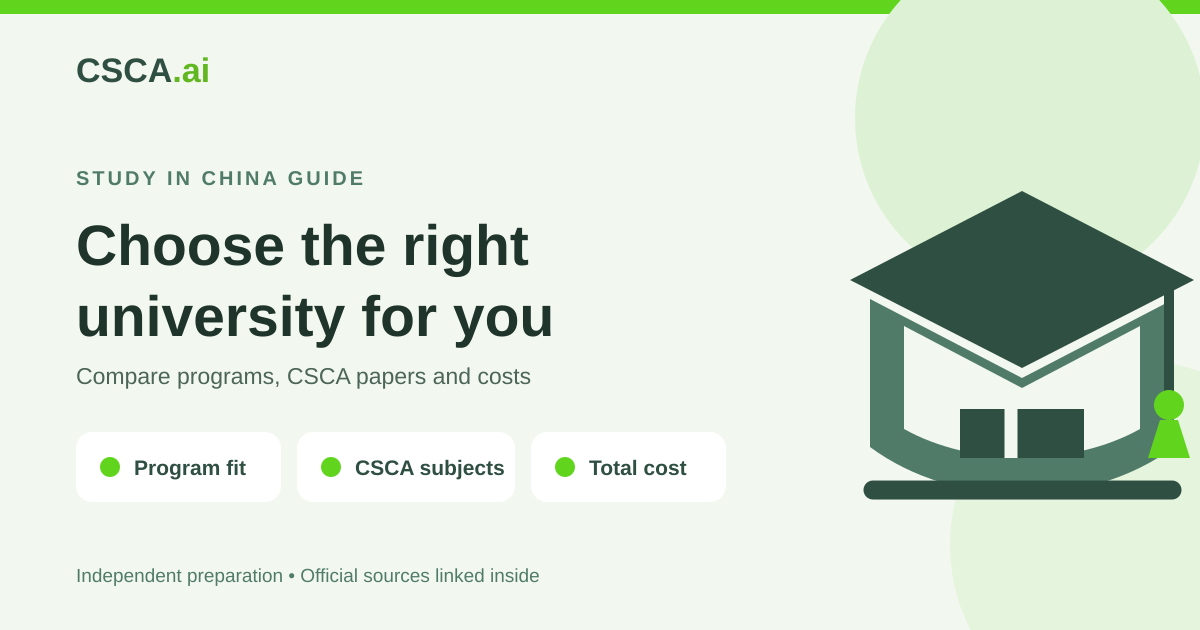CSCA.ai university choice guide cover with a graduation cap and program, CSCA subjects and cost checklist