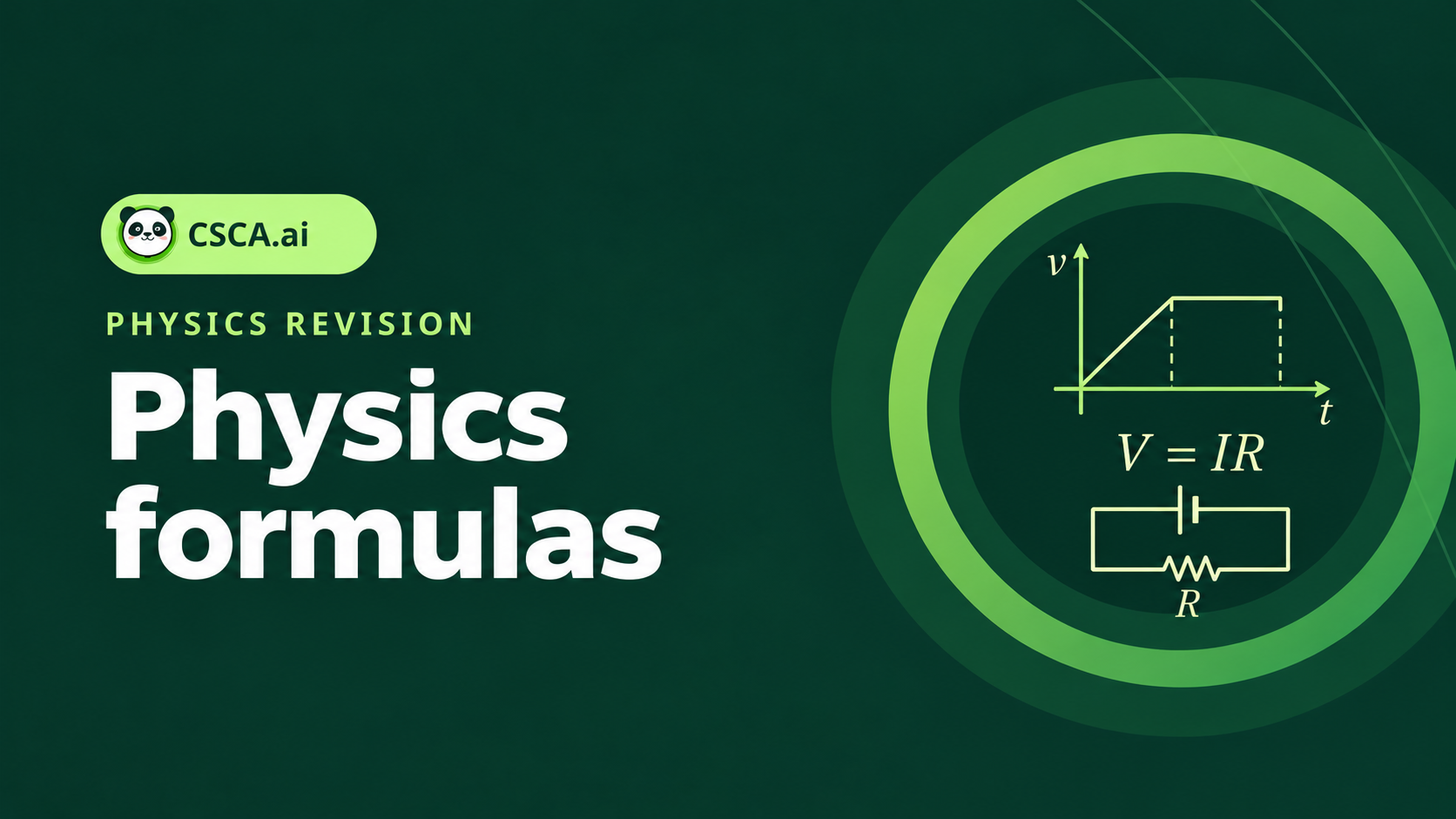 CSCA.ai Physics formula guide cover with velocity-time graph and Ohm’s law circuit
