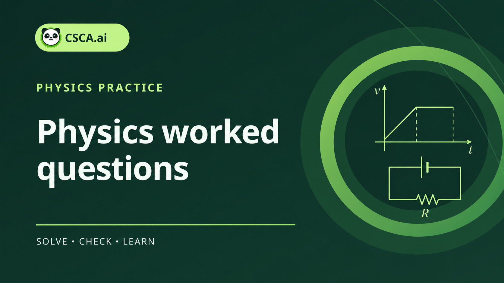 CSCA.ai Physics practice cover with velocity graph and circuit line art
